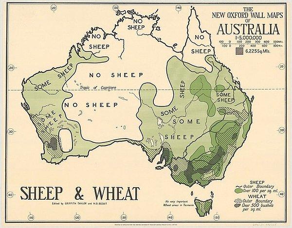 1. Avustralya koyun ve buğday haritası. Yeşil koyulaştıkça koyun miktarı artıyor.
