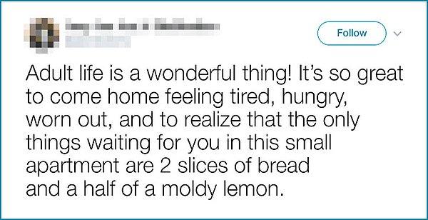 2. "Yetişkinlik harika bir şey. Yorgun, aç, bitkin bir şekilde eve gelip, bu küçük dairede seni bekleyen tek şeyin iki dilim ekmek ve küflü yarım bir limon olduğunu fark etmek harika."