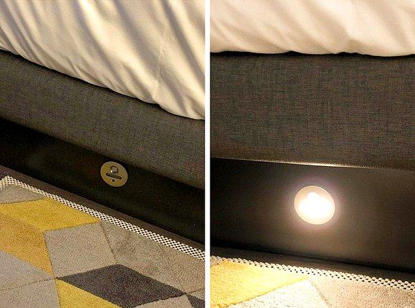 8. Ayak sensörüyle çalışan bu yataklar bir otele ait. Sizin ayak hareketinizle birlikte karanlıkta düşmeyin diye yanıyor.