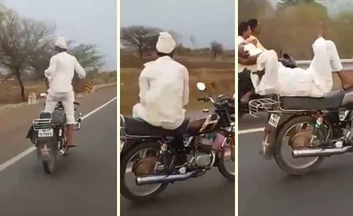 Motosiklet Üzerinde Sülalesi Rahat Bir Şekilde Hareketler Sergileyen Yürek Yemiş Adam