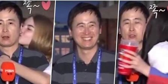 В России с любовью: две российские болельщицы целуют в щеку журналиста из Южной Кореи в прямом эфире на ЧМ 2018