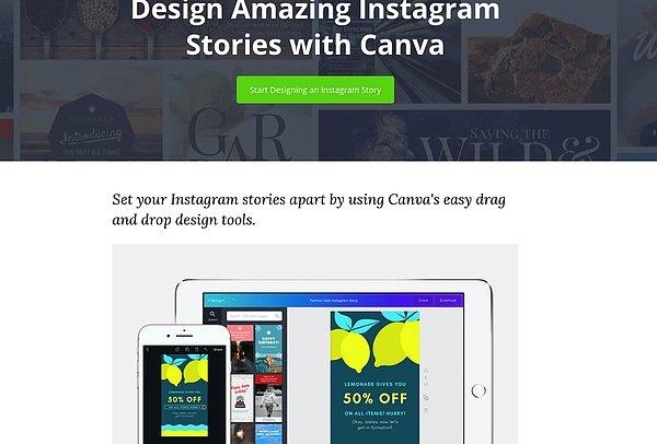 Instagram hikaye tasarımı için kullanabileceğimiz bir diğer ücretsiz servis ise Canva. Canva çevrimiçi olarak görsel düzenleme ve tasarımı yapabileceğiniz harika şablonlar bulunduruyor.