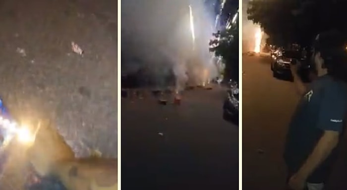 Arabaların ve Evlerin Arasında Yüzlerce Havai Fişek Patlatarak Sokağı Savaş Alanına Çeviren Rahatsızlar