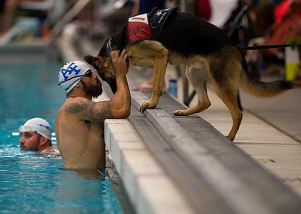 96. Hava Kuvvetleri sporcu, August O’Niell, savaş köpeği Kai'yi, 2014 Savaşçı Oyunları'nın yüzme bölümünde ısınma sırasında öperken - 2014