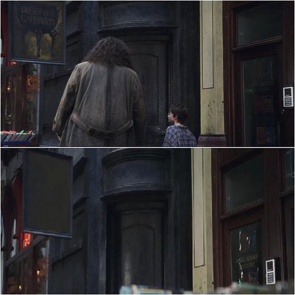 3. Felsefe Taşı filminde, Hagrid Harry'i Çatlak Kazan'a ilk kez götürdüğünde kapının üstünde değişen bir tabela vardı.
