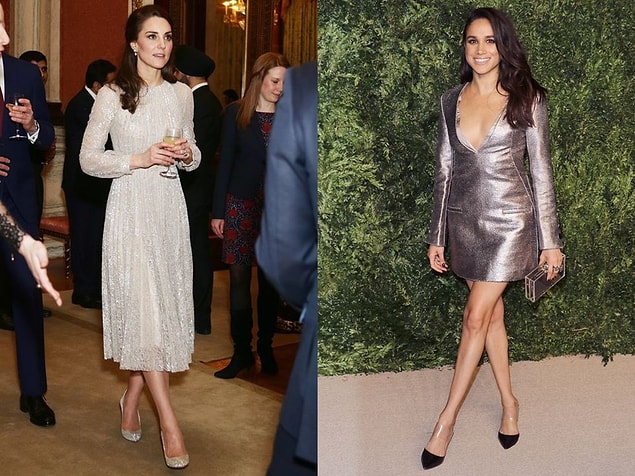 2015 yılında metalik ve ışıltılı elbiselerle ikisi de göz kamaştırdılar. Meghan'ın tercihleri Kate'e göre biraz daha cesur gördüğünüz gibi...