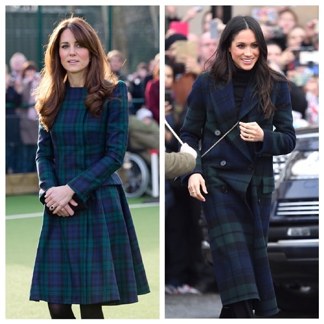 Meghan Marle, ilk resmi ziyaretini İskoçya'ya yaptığında lacivert-yeşil kareli kıyafeti tercih etti. Düşes Middleton aynı deseni 2012'de bir okul ziyaretinde giymişti.