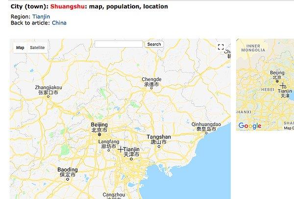Böyle bir yer var mı diye Google'a sorduğumuzda, karşımıza Shuangshu'nun Çin'in Tianjin bölgesine bağlı bir şehir olduğunu görüyoruz.