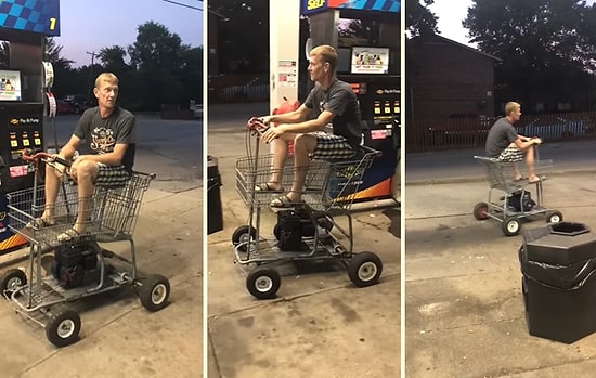 Kendine Alışveriş Sepetinden Motorlu Araç Yapan Adam