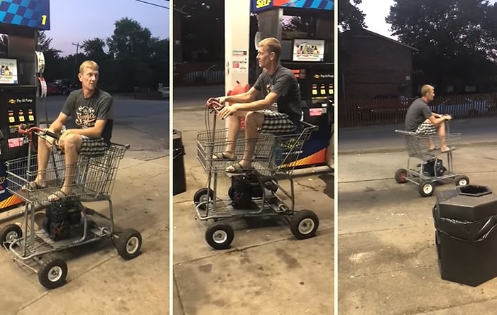 Kendine Alışveriş Sepetinden Motorlu Araç Yapan Adam