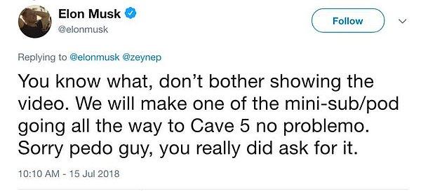 Çatışmayı tüm sıcaklığıyla Twitter’a taşıyan Zeynep Tüfekçi’nin tweet’ine yanıt veren Elon Musk ise seviyeyi daha da düşürerek İngiliz dalgıcı ‘pedofil’ ilan etti.