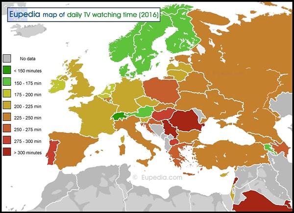 19) Avrupa'nın kültür haritalarının yer aldığı bir araştırmada, ülkelerin günlük ortalama TV izleme süreleri çıkarılmış. Türkiye'de yaşayan bir kişi günde ortalama 4 saatin üzerinde televizyon izliyor.