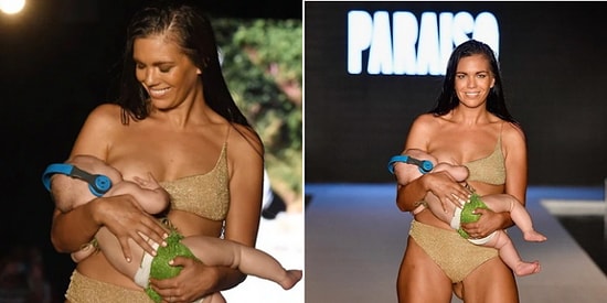 Модель завершила показ купальников с 5-месячным ребенком на руках, одновременно кормя его грудью