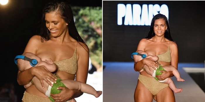 Модель завершила показ купальников с 5-месячным ребенком на руках, одновременно кормя его грудью