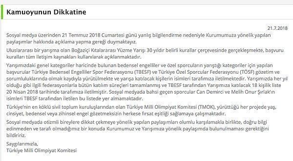 İddialar üzerine Türkiye Milli Olimpiyat Komitesi de konuyla ilgili internet sitelerinden bir açıklama yaptı.