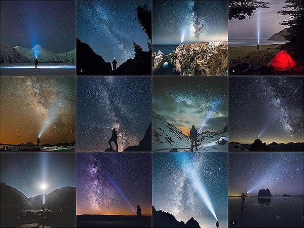 17. Фото на фоне звёздного неба с фонариком на голове