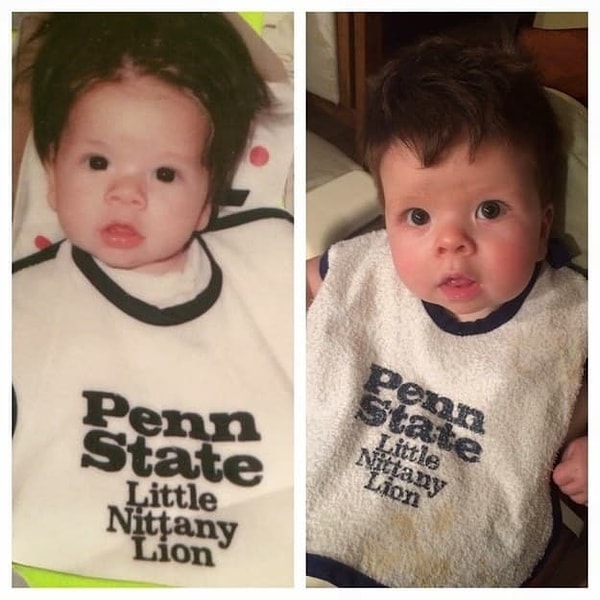 2. "Мой муж (слева) и наш сын (справа). Обоим здесь по 7-10 месяцев, разница только в состоянии нагрудника и прическе!"