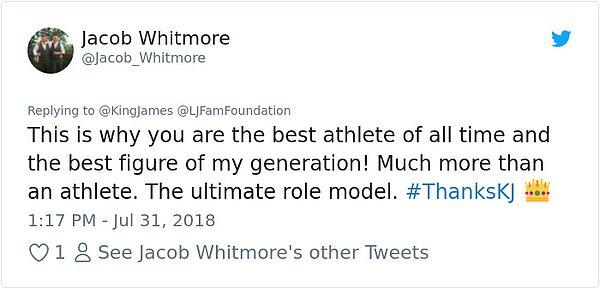 "İşte bu yüzden tüm zamanların en iyi atleti ve benim jenerasyonumun en iyi figürüsün! Bir atletten daha fazlasısın. Tam bir rol modelisin. #TeşekkürlerKJ"