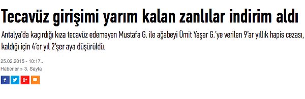 3. Isparta'da kaçırdığı genç kadına tecavüz etmek isteyen Mustafa G'ye mahkeme "Tecavüz girişimi başarısız" olması nedeniyle  4 yıl 2 ay'a düşürüldü. Yattığı süre nedeniyle de tahliye edildi.