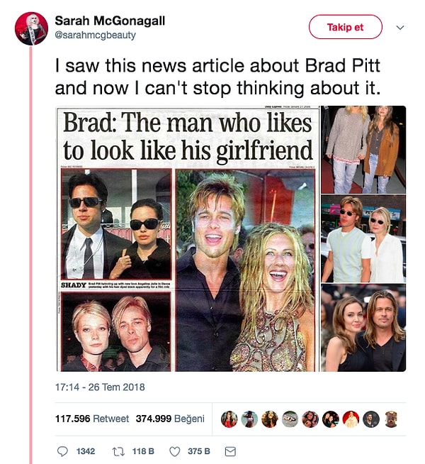 4. Брэд Питт, как хамелеон, становится похожим на девушку, с которой встречается.