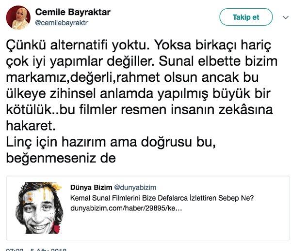 Bu yazıdan sonra Cemile Bayraktar kendi Twitter hesabından şöyle bir yazı paylaştı.