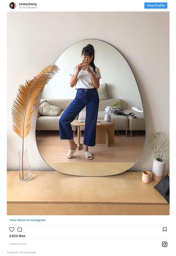 9. Запечатли свой лук в зеркале в полный рост, подобрав соответствующий и будто бы небрежный фон.