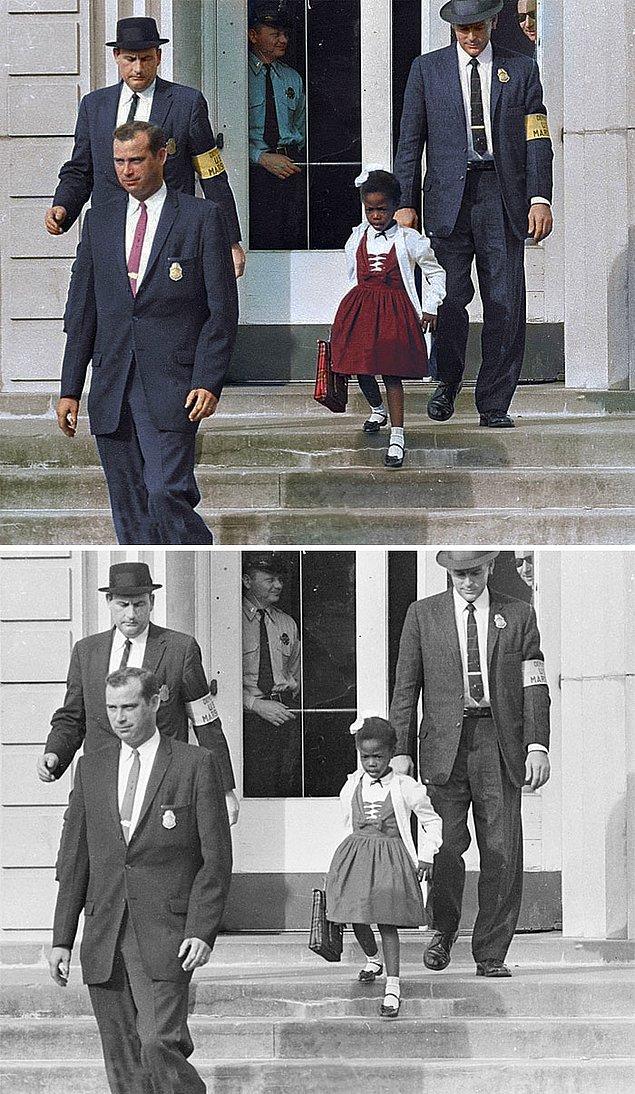 7. Ruby Bridges, tamamen beyaz ırktan çocukların okuduğu okula giderken ABD mareşalleri tarafından eşlik ediliyor, 1960