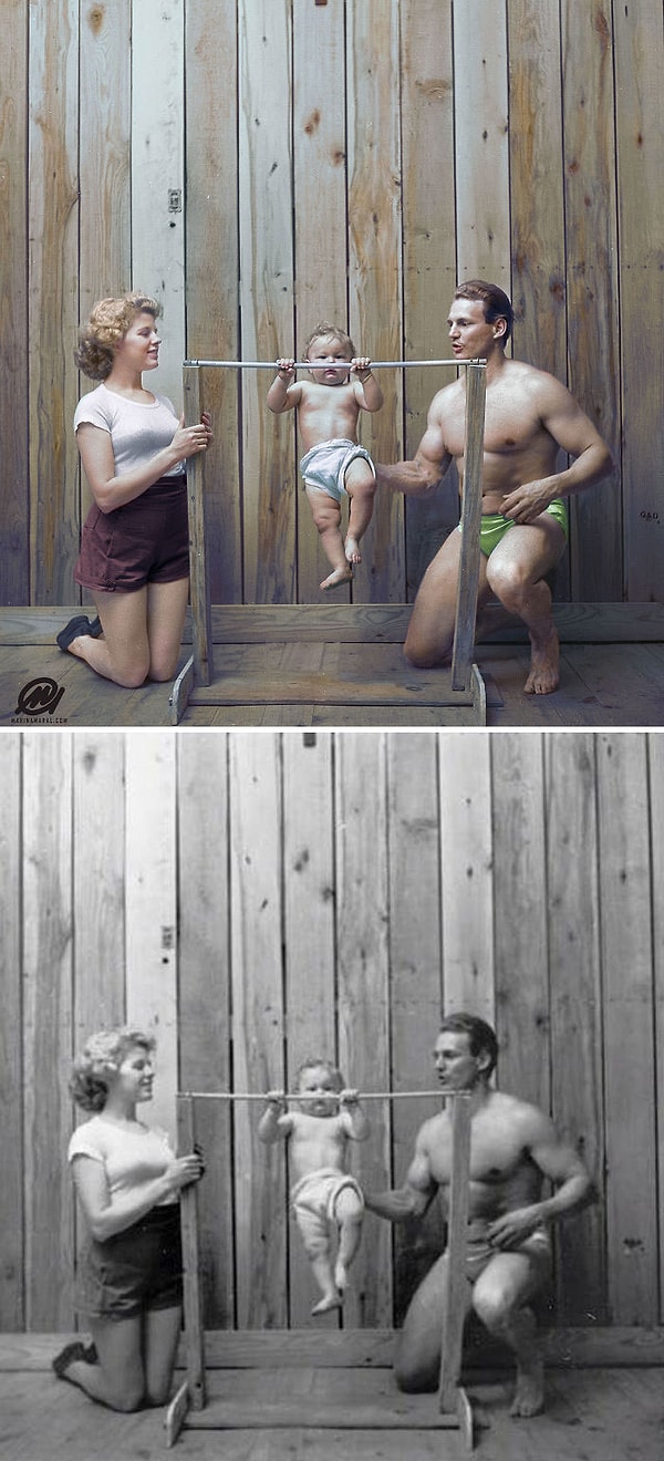 18. Бодибилдер Джин Янцен с женой Пэт и одиннадцатимесячным сыном Кентом, 1947 год.