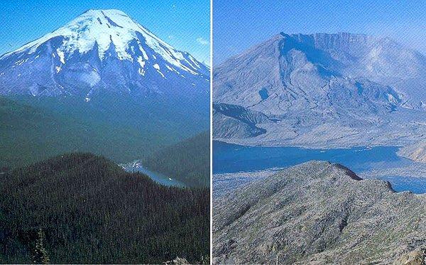 9. ABD'deki St. Helens Yanardağı, solda püskürme öncesi, sağda sonrasındaki hali.