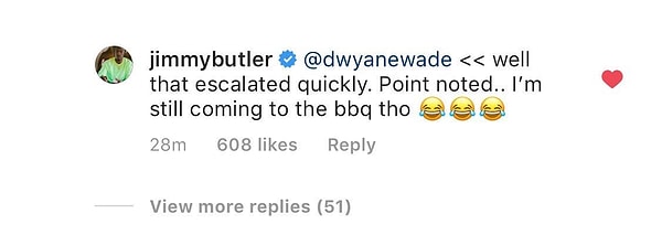 Butler, Wade’in yorumuna cevap olarak, “Evet, bu biraz hızlı gelişti. Ama demek istediğini anladım. Yalnız yine de barbeküye geliyorum” mesajını paylaştı.
