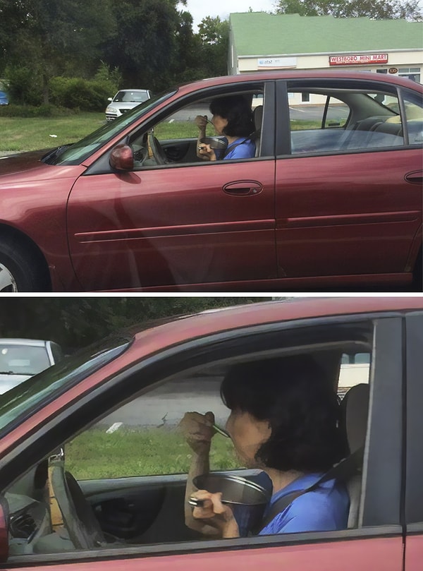 15. Да, эта женщина ела прямо из кастрюли сидя за рулём.