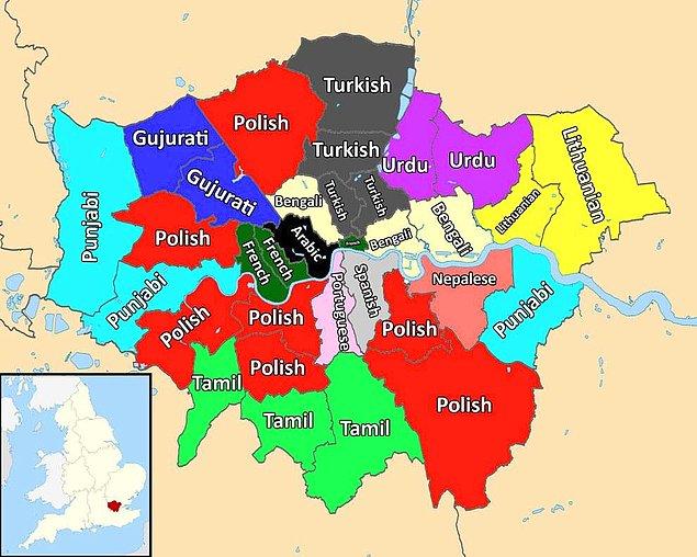5. Londra bölgelerinde İngilizceden sonra en çok konuşulan diller haritası.