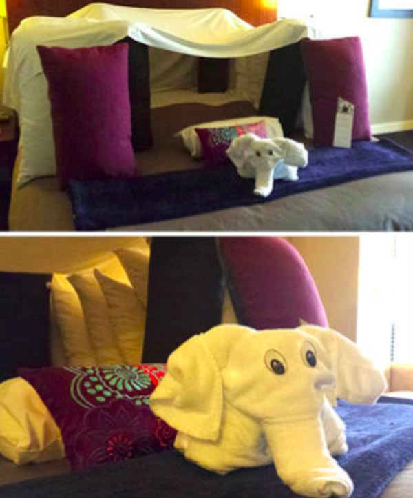 4. А этот постоялец попросил построить форт, пять дополнительных подушек и вот такого слоника 😂