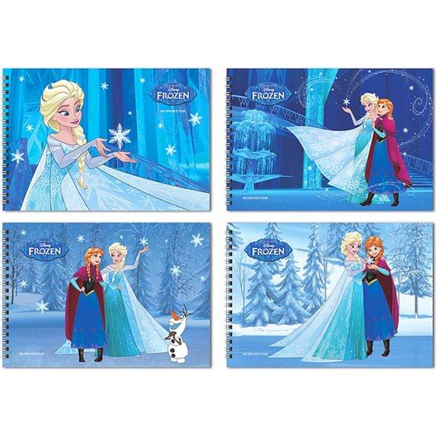 5. Boya olur da defter eksik olur mu hiç? Kız çocuklarının en sevdiği animasyon: Frozen kapaklı 17*25 ölçülerinde 15 yaprak resim defteri.