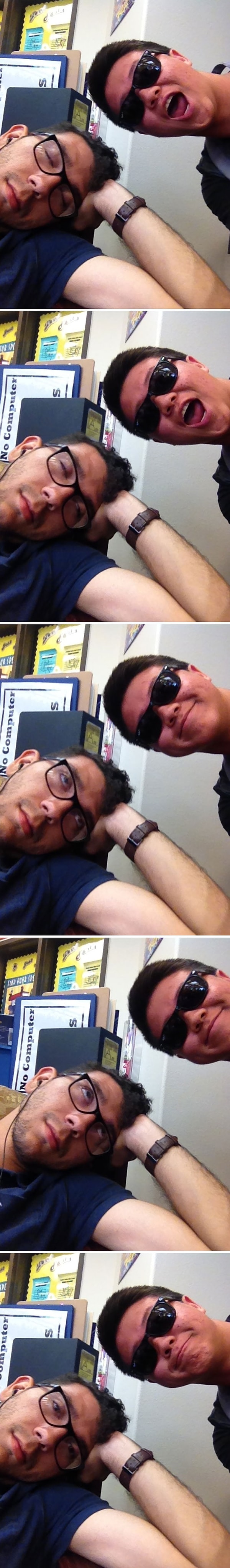 6. "Заснул в библиотеке. Этот парень взял мой телефон и решил сделать совместное селфи. Он успел сделать несколько снимков, пока я не проснулся"