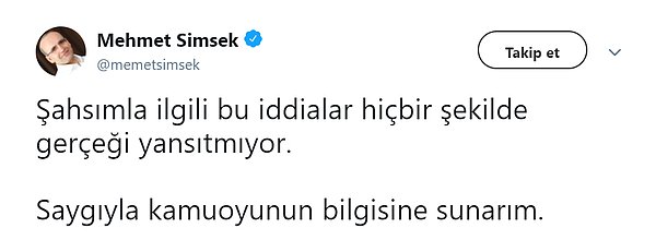 Eski maliye bakanı Mehmet Şimşek, Ahmet Takan'ın iddialarının gerçeği yansıtmadığını söyledi.