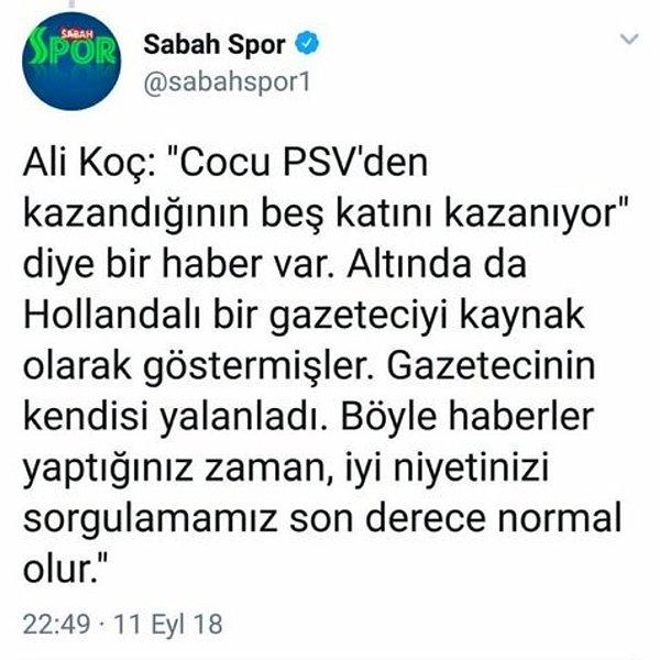 Sabah gazetesinin Ali Koç'un eleştirisinin kendilerine olduğunu anlayınca sildiği o tweet;