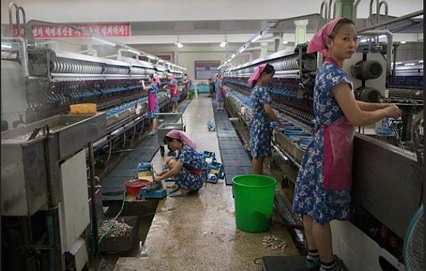 20. 21 Ağustos 2018 tarihinde Pyongyang'da bir ipek imalat fabrikası: