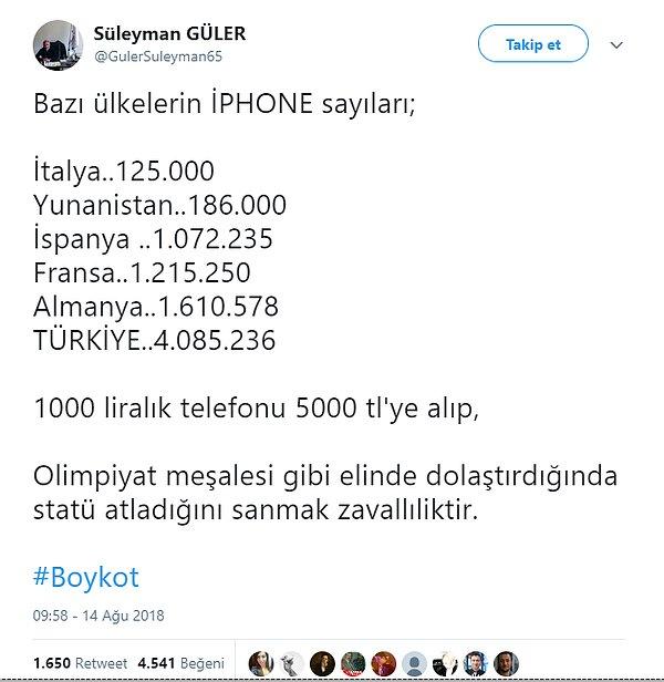 "Türkiye’de 4 milyon 85 bin 236 adet iphone bulunuyorken Almanya ve Fransa’da 1 milyonun biraz üzerinde iPhone var."