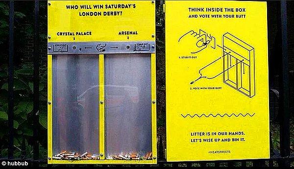 Bu cam çöp kutularında, sürekli değişen sorular yer alıyor("Londra derbisini kim kazanacak?", "Dünyanın en iyi oyuncusu kim?" gibi) ve izmaritlerle ankete katılmak mümkün oluyor.