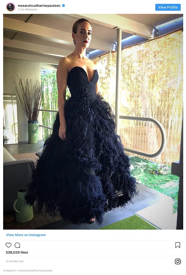 2. Сара Полсон позирует в своем роскошном чёрном платье перед началом церемонии.