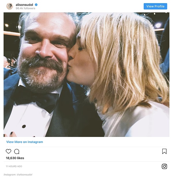 3. Элисон Судол, которую мы знаем по фильму «Фантастические твари и где они обитают», с чувством целует в щеку шерифа из «Очень странных дел» - Дэвида Харбора.