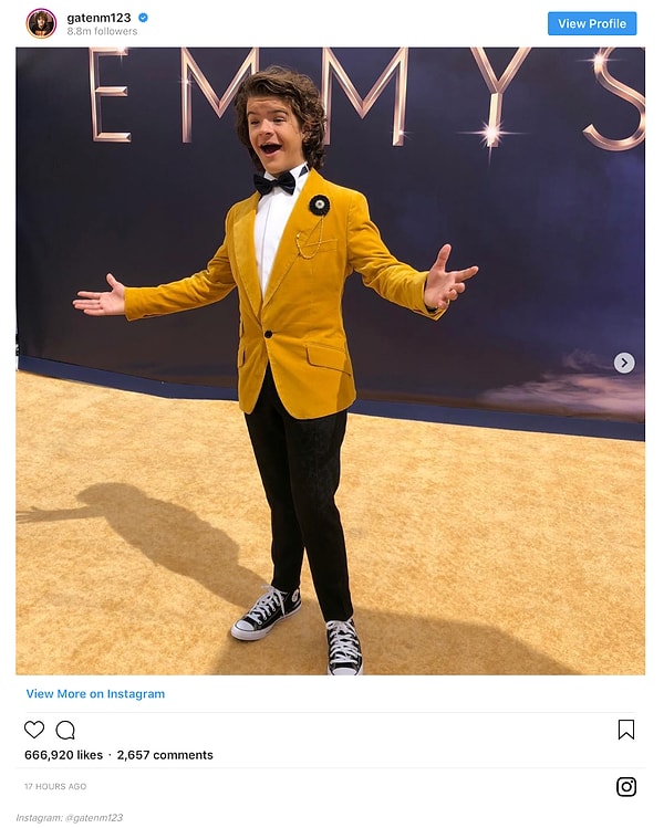 22. Гейтен Матараццо из сериала «Очень странные дела» прибыл на церемонию и обнаружил, что его пиджак идеально гармонирует с дорожкой! 😆