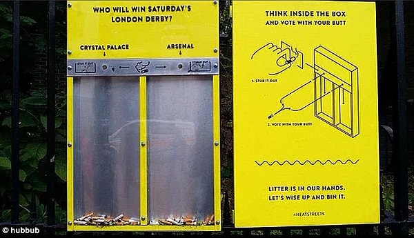 Вопросы на этих стеклянных резервуарах постоянно меняются. Например, «Кто выиграет лондонское дерби?», «Кто лучший игрок в мире?» и т.д. Бросив бычок внутрь, человек может таким образом оставить свой голос.