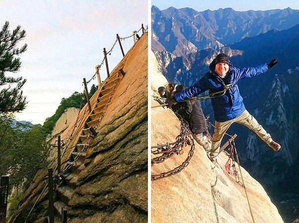 11. Çin'de bulunan Hua Dağı'na çıkan bu patikaya 'Cennete giden yol' deniyor. Kayalara oyulmuş basamaklar bir merdiven görevi görürken, tırabzanlar ise yine kayaya bu zincirlerle asılmış.