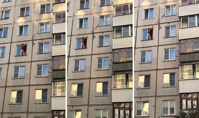 Üst Katındaki Yarım Açık Cama Sıkışan Kediyi Kurtaran Güzel İnsan