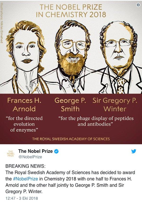 Nobel Fizik Ödülü'nün bu yılki kazananları: Frances H. Arnold, George P. Smith ve Sir Gregory P. Winter 👇