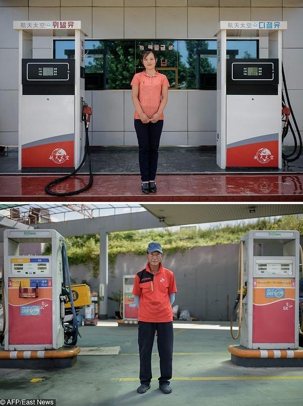 11. Kuzey Kore ve Güney Kore'deki benzin istasyonu çalışanları