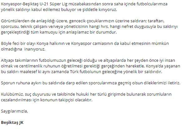Beşiktaş: 'U-21 Futbol Takımımıza Yönelik Saldırıyı Kınıyoruz'