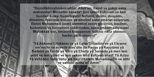 Bu ayın son çarşamba gününde de iki rek’at namaz kılınması tavsiye ediliyor. Ayrıca Safer ayı için uygun bulunan şu duâ da okunabilir.